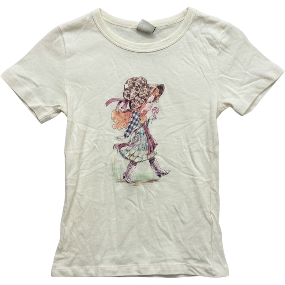 NWT Urban Outfitters Cream Cottagecore Girl Graphic Ribbed Knit Baby Tee Size M